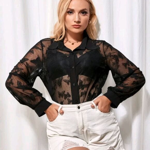 SHEIN Tops - SHEIN 3XL Butterfly Embroidery Sheer Butterfly Print Blouse